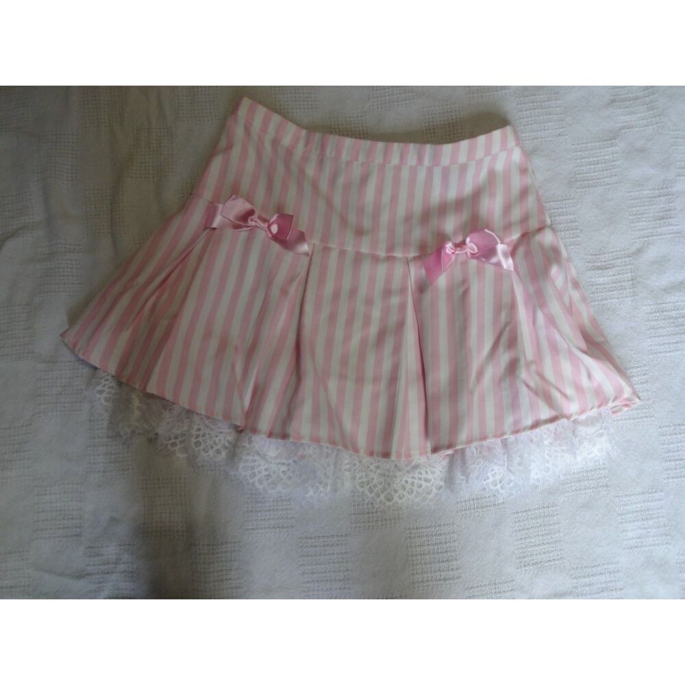 Sweet Society ~ Pink White Striped Lace Trim Baby Doll Mini Skirt ~ Small
